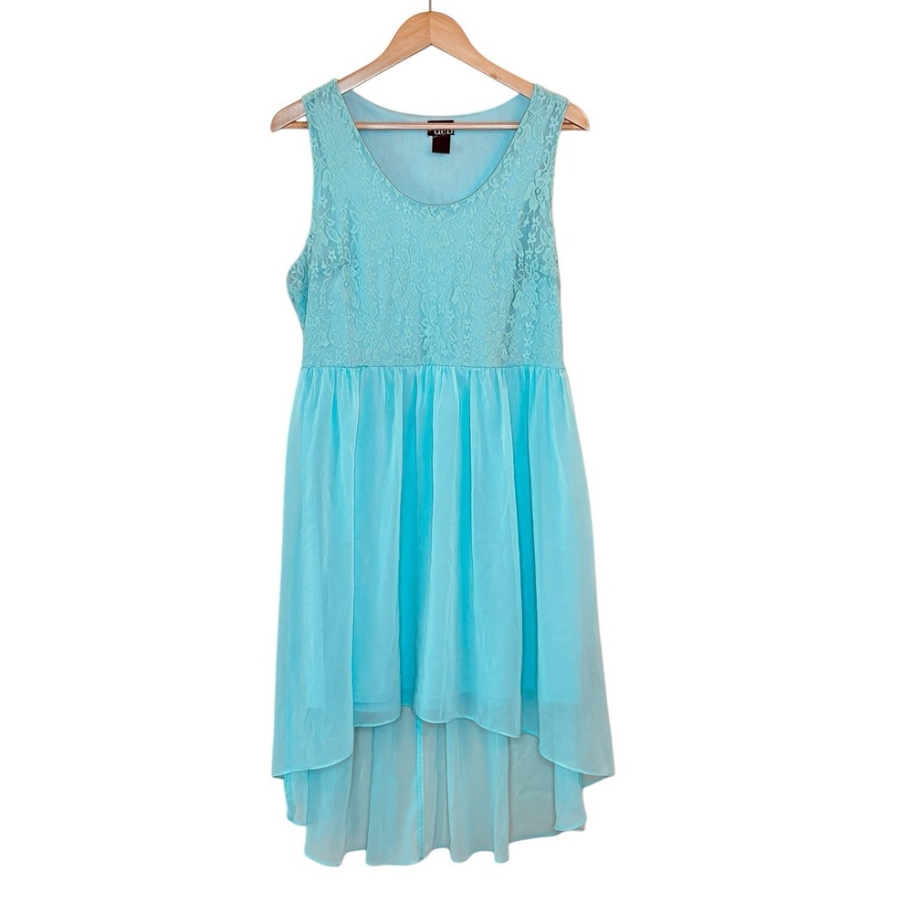 Vintage Y2K Deb Dress Womens Size L Blue Floral Laceโ Hi Low Easter Pastel